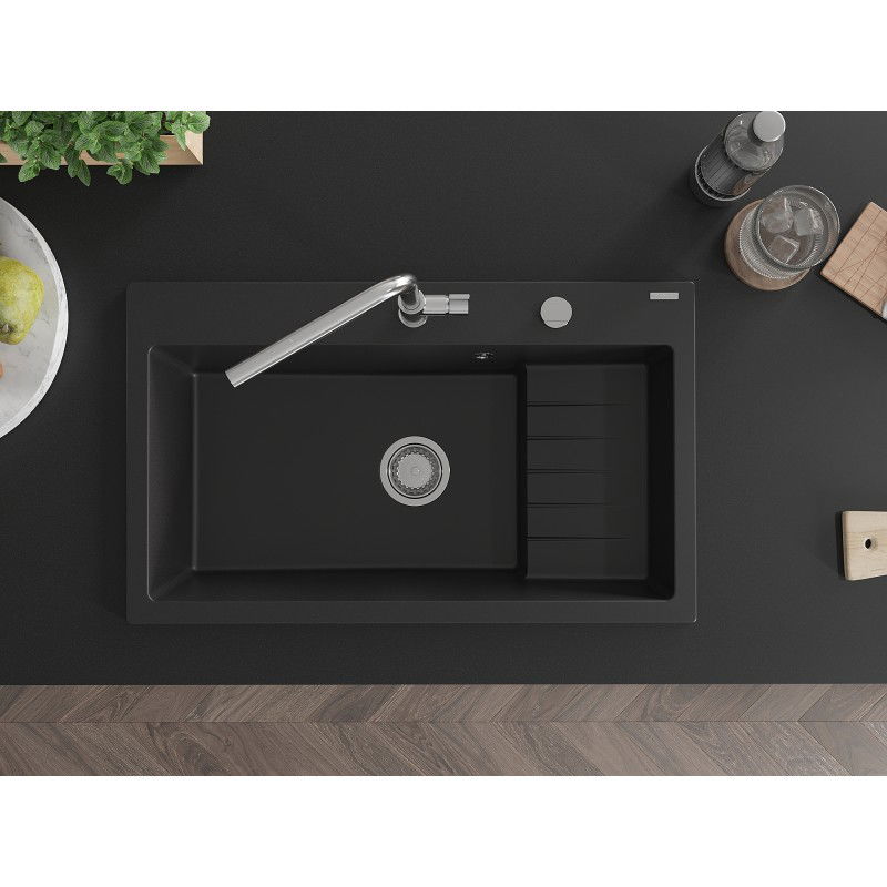 Mexen Omar Évier en granit à 1 bac 800 x 480 mm, noir, siphon chromé - 6520801005-77