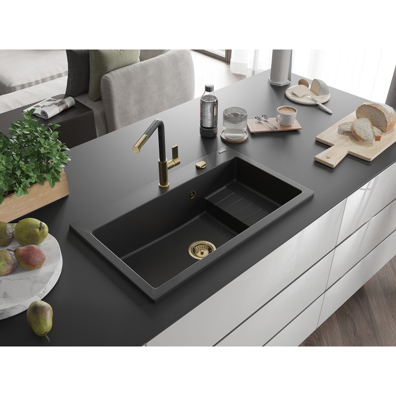 Mexen Omar évier en granit 1 bac 800 x 480 mm, noir, siphon doré - 6520801005-77-G