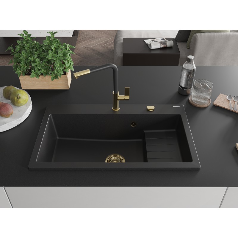 Mexen Omar évier en granit 1 bac 800 x 480 mm, noir, siphon doré - 6520801005-77-G