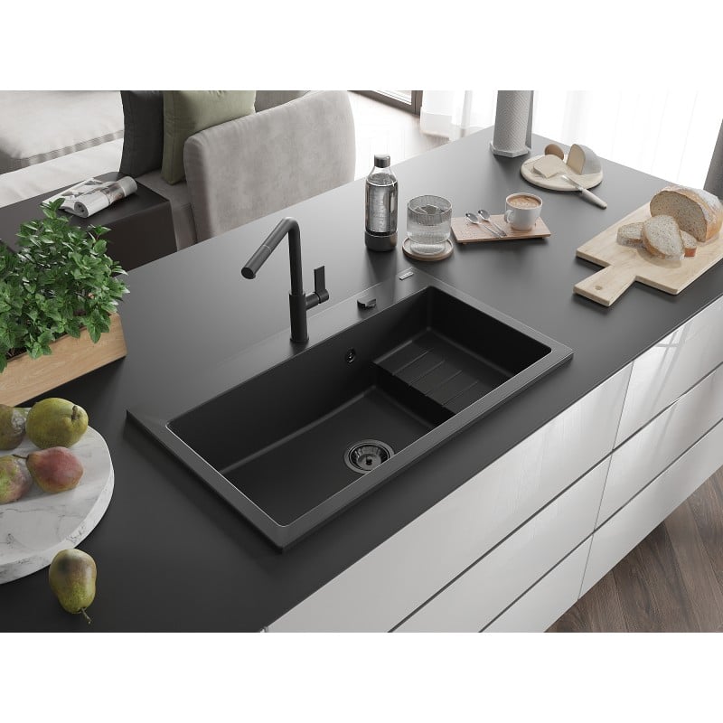 Mexen Omar évier en granit 1 bac 800 x 480 mm, noir, siphon noir - 6520801005-77-B