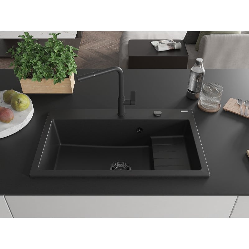 Mexen Omar évier en granit 1 bac 800 x 480 mm, noir, siphon noir - 6520801005-77-B