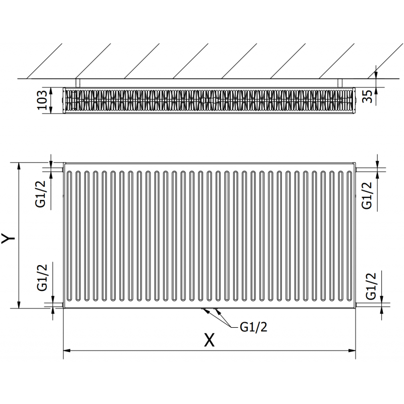 Mexen CC22 radiateur à panneaux 600 x 2800 mm, connexion inférieure centrale, 4628 W, anthracite - W6C22-060-280-66