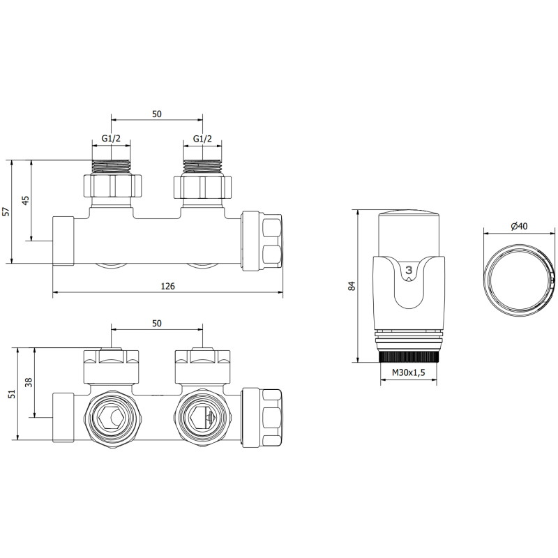 Mexen G00 ensemble thermostatique d'angle, Duplex, DN50, chrome - W907-900-01