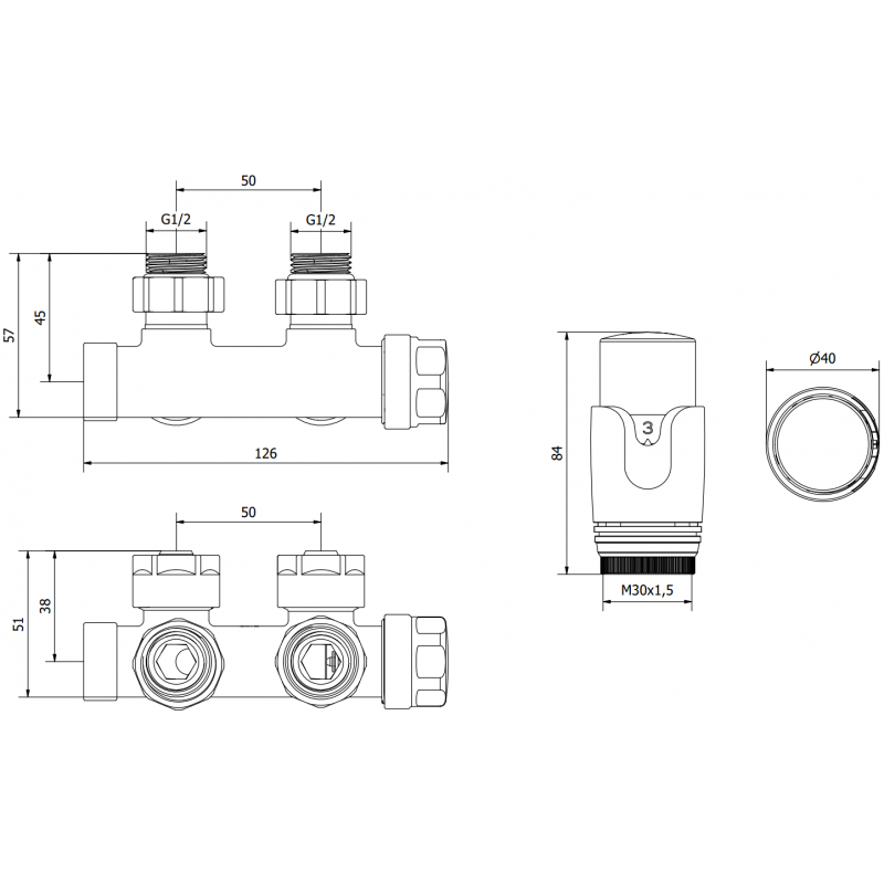 Mexen G00 ensemble thermostatique angulaire, Duplex, DN50, blanc - W907-900-20