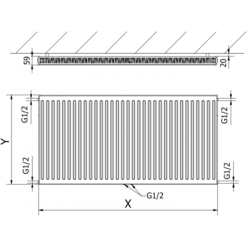 Mexen CC11 radiateur à plaque 400 x 1500 mm, connexion inférieure centrale, 972 W, noir - W6C11-040-150-70