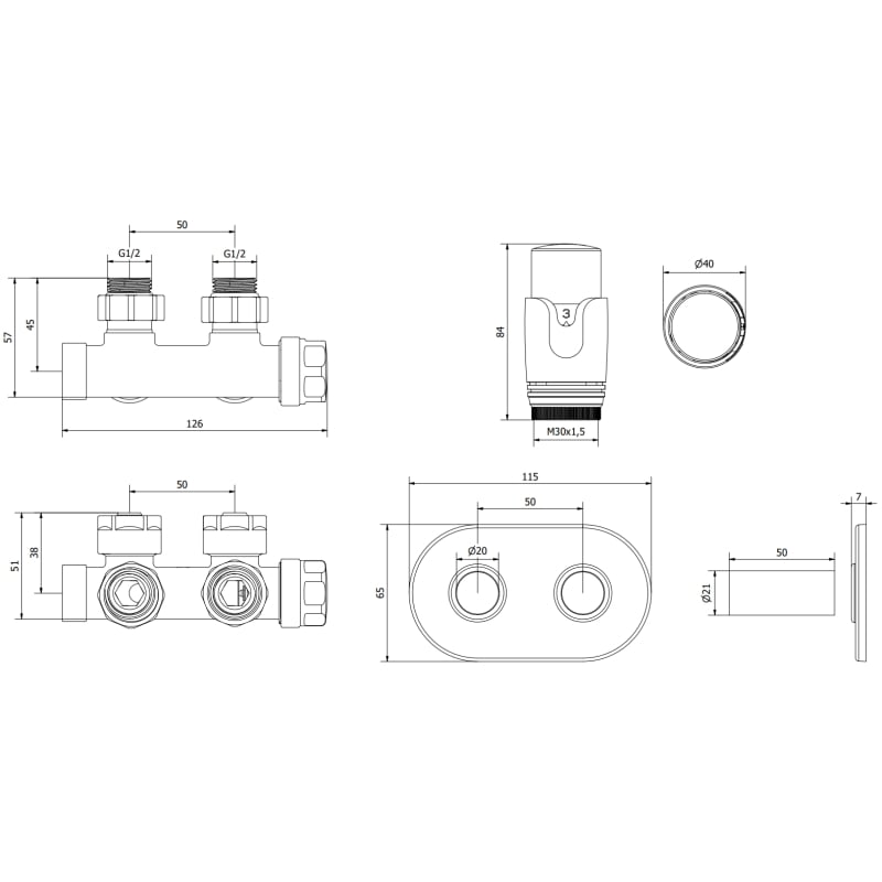 Mexen G00 ensemble thermostatique coudé avec cache R, Duplex, DN50, doré - W907-900-905-50