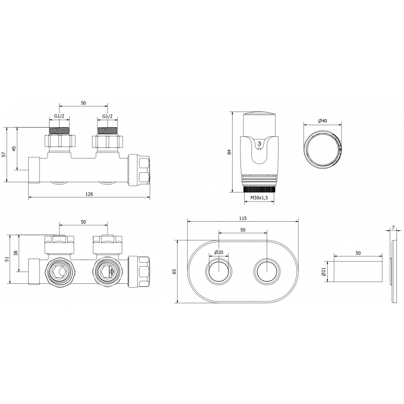Mexen G00 ensemble thermostatique d'angle avec cache R, Duplex, DN50, or - W907-900-905-50