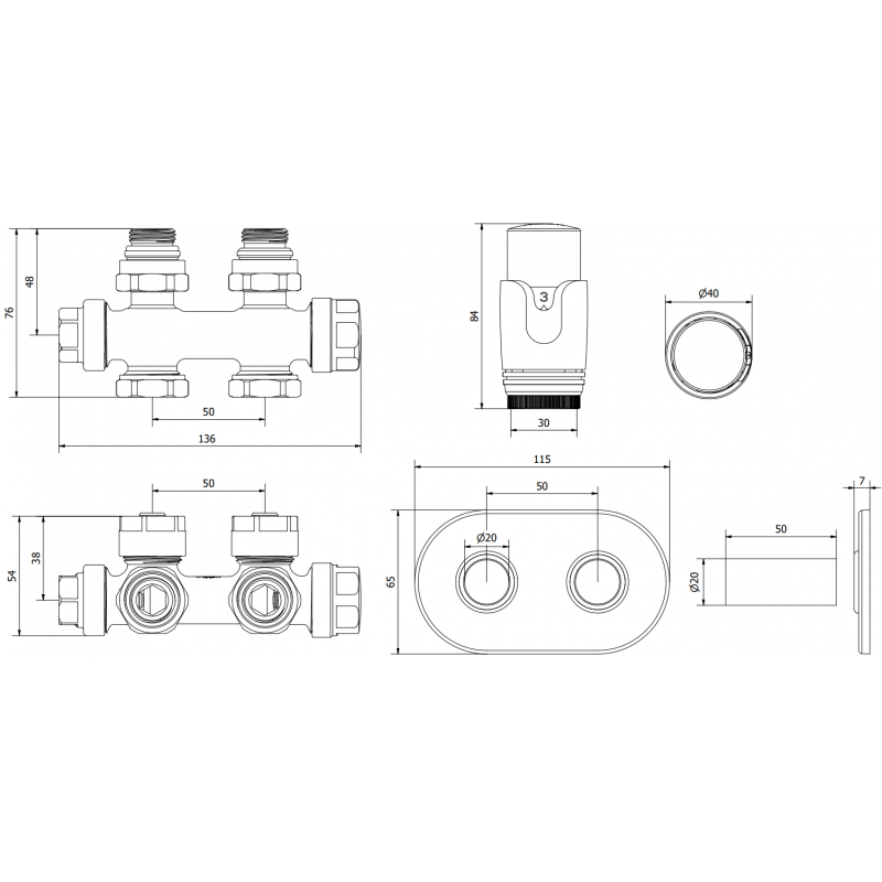 Mexen G00 ensemble thermostatique coudé/droit avec rosace R, Duplex, DN50, noir - W908-900-905-70