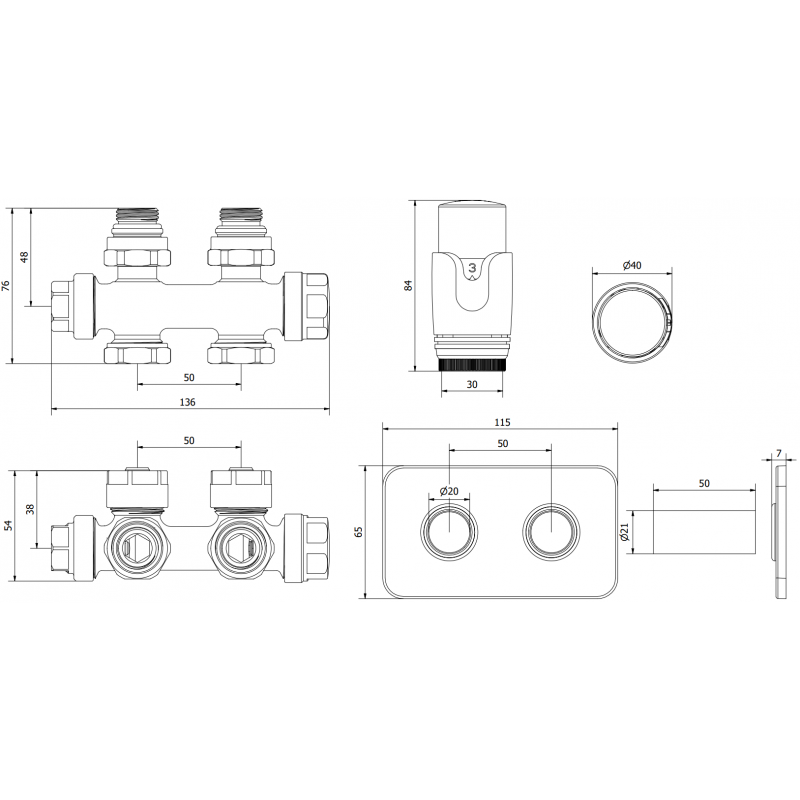 Mexen G00 ensemble thermostatique coudé/droit avec cache S, Duplex, DN50, blanc - W908-900-910-20