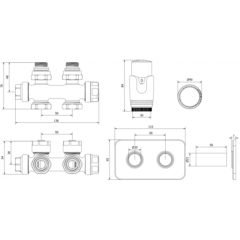 Mexen G00 ensemble thermostatique d'angle/droit avec cache S, Duplex, DN50, noir - W908-900-910-70