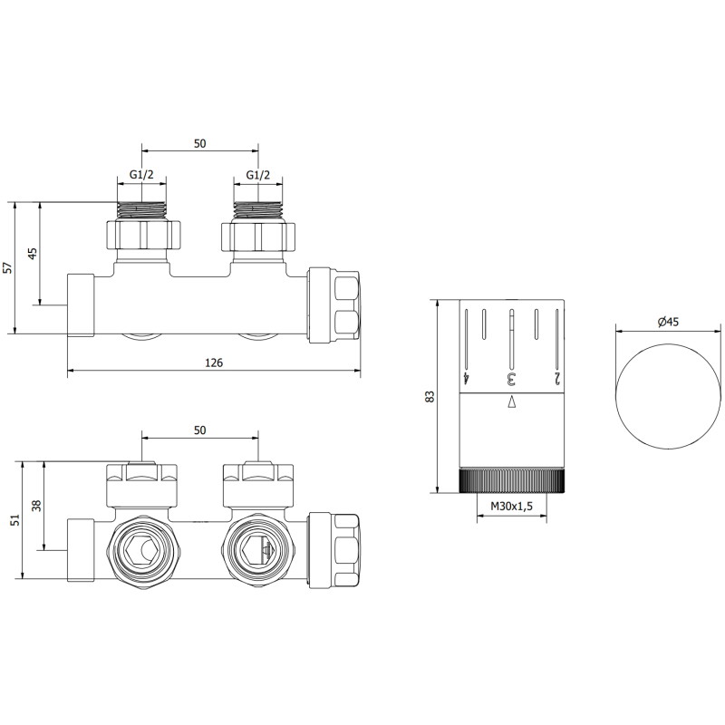 Mexen G05 ensemble thermostatique angulaire, Duplex, DN50, chrome - W907-958-01