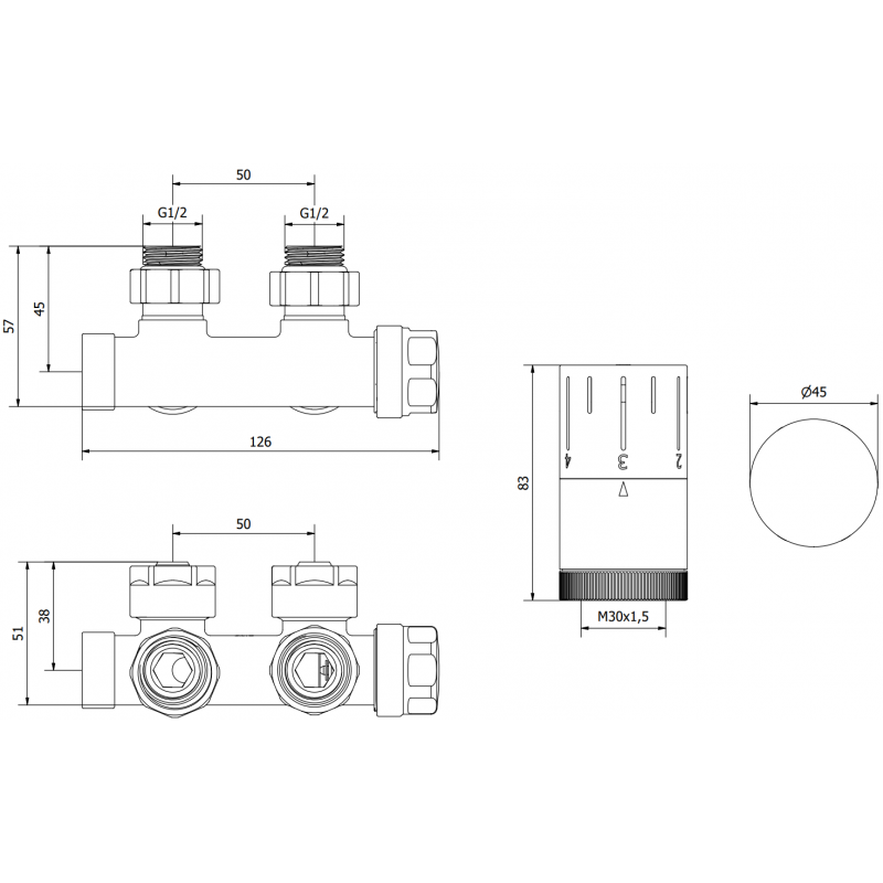 Mexen G05 ensemble thermostatique angulaire, Duplex, DN50, doré - W907-958-50