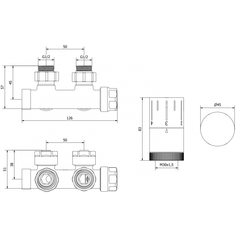 Mexen G05 ensemble thermostatique coudé, Duplex, DN50, noir - W907-958-70