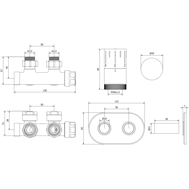 Mexen G05 ensemble thermostatique d'angle avec cache R, Duplex, DN50, blanc - W907-958-905-20