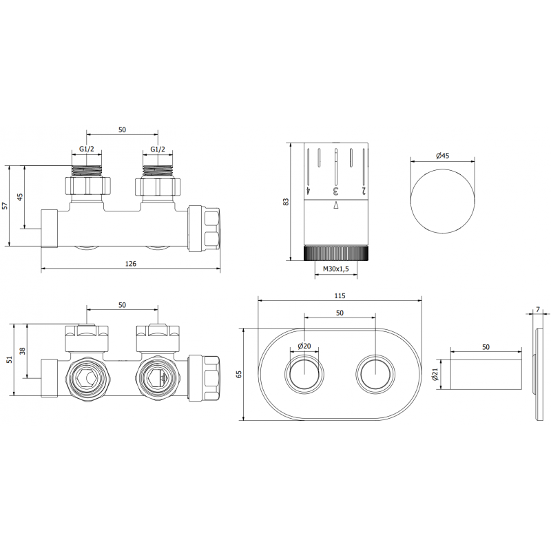 Mexen G05 ensemble thermostatique d'angle avec rosace R, Duplex, DN50, noir - W907-958-905-70