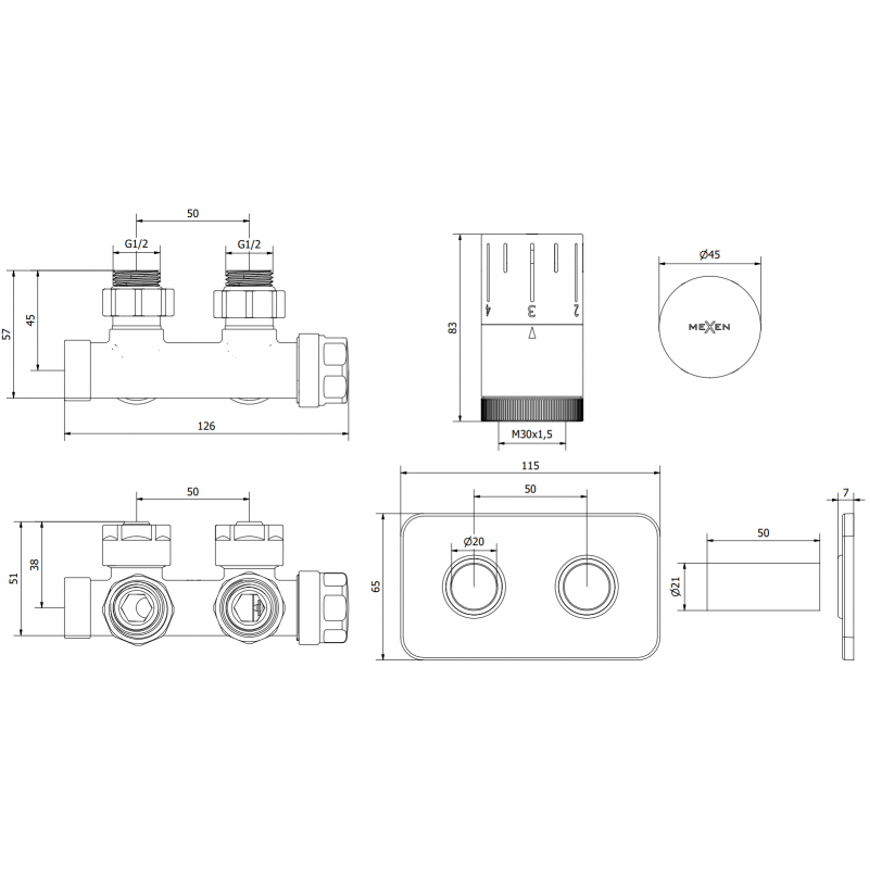 Mexen G05 ensemble thermostatique angulaire avec cache S, Duplex, DN50, anthracite - W907-958-910-66