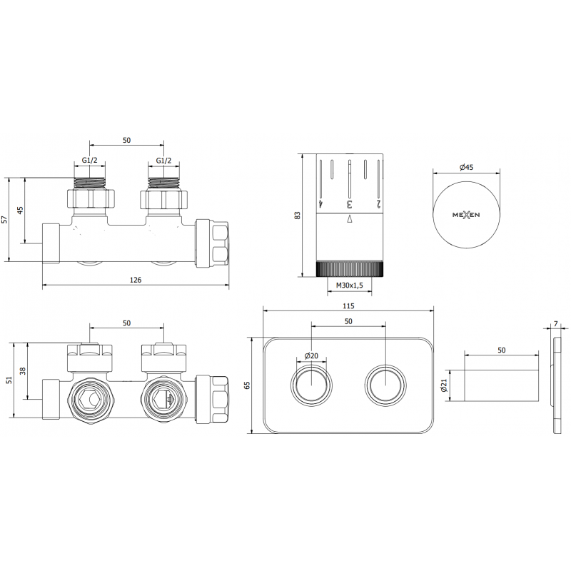 Mexen G05 ensemble thermostatique angulaire avec cache S, Duplex, DN50, noir - W907-958-910-70