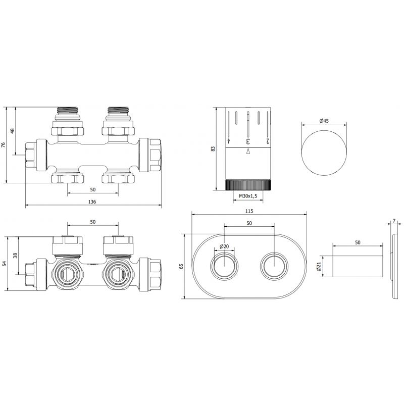 Mexen G05 kit thermostatique coudé/droit avec cache S, Duplex, DN50, chrome - W908-958-910-01