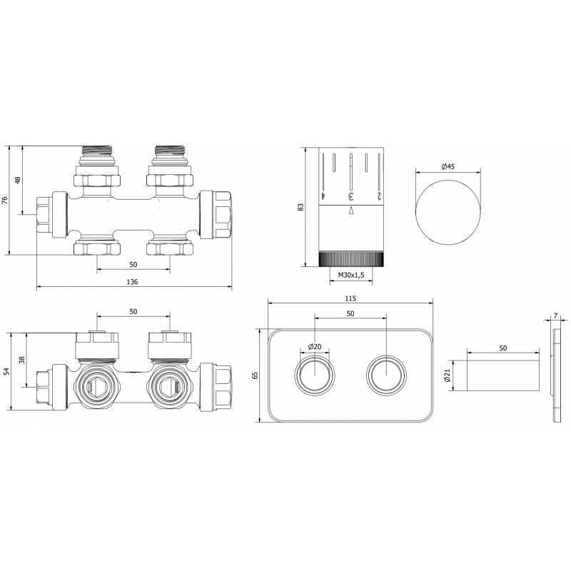 Mexen G05 ensemble thermostatique coudé/droit avec cache S, Duplex, DN50, noir - W908-958-910-70