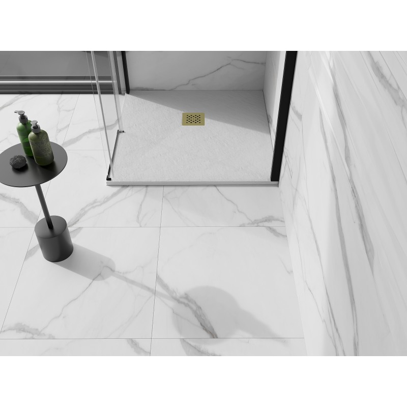 Mexen Stone+ receveur de douche carré en composite 90 x 90 cm, blanc, cache-douche doré - 44109090-G