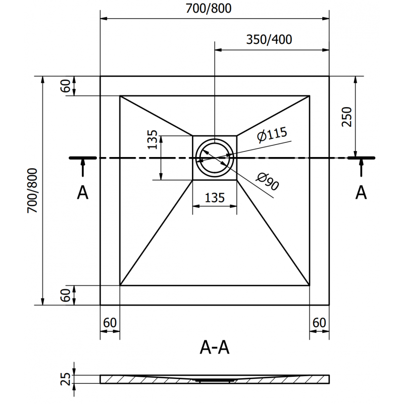 Mexen Stone+ receveur de douche carré en composite 80 x 80 cm, blanc, cache doré - 44108080-G