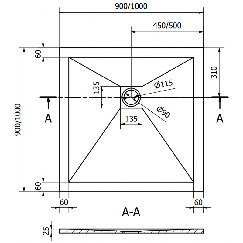 Mexen Stone+ receveur de douche carré en composite 90 x 90 cm, blanc, cache-douche doré - 44109090-G