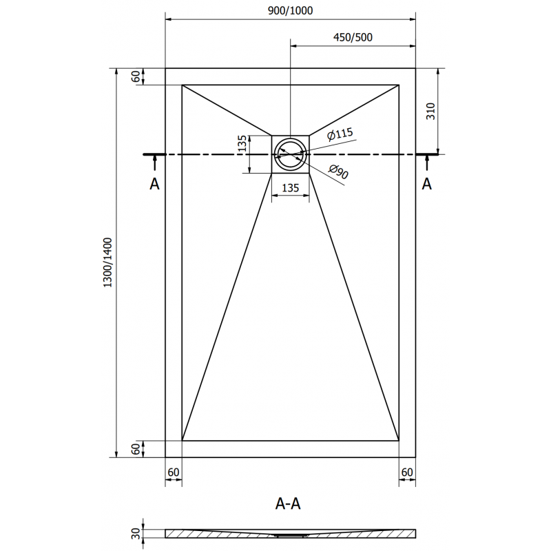 Mexen Stone+ receveur de douche composite rectangulaire 130 x 90 cm, blanc, cache doré - 44109013-G