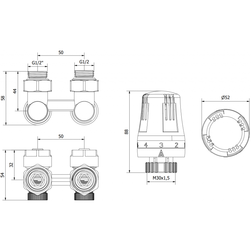 Mexen G01 kit thermostatique à deux tubes DN50, angulaire 1/2"x16 mm, nickel - W911-016-918-01