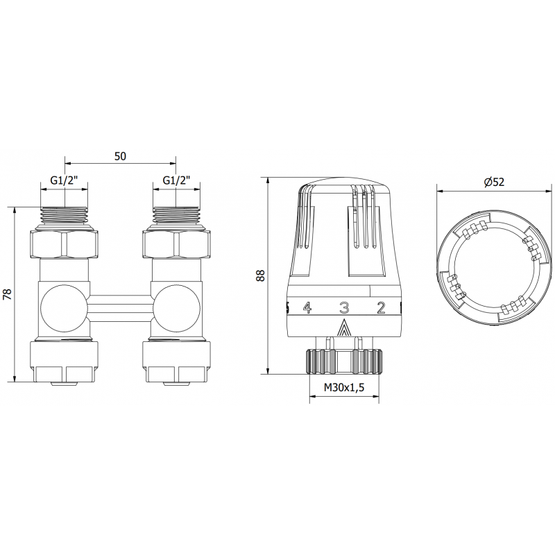 Mexen G01 ensemble thermostatique à deux tubes DN50, droit 1/2"x16 mm, nickel - W912-016-918-01