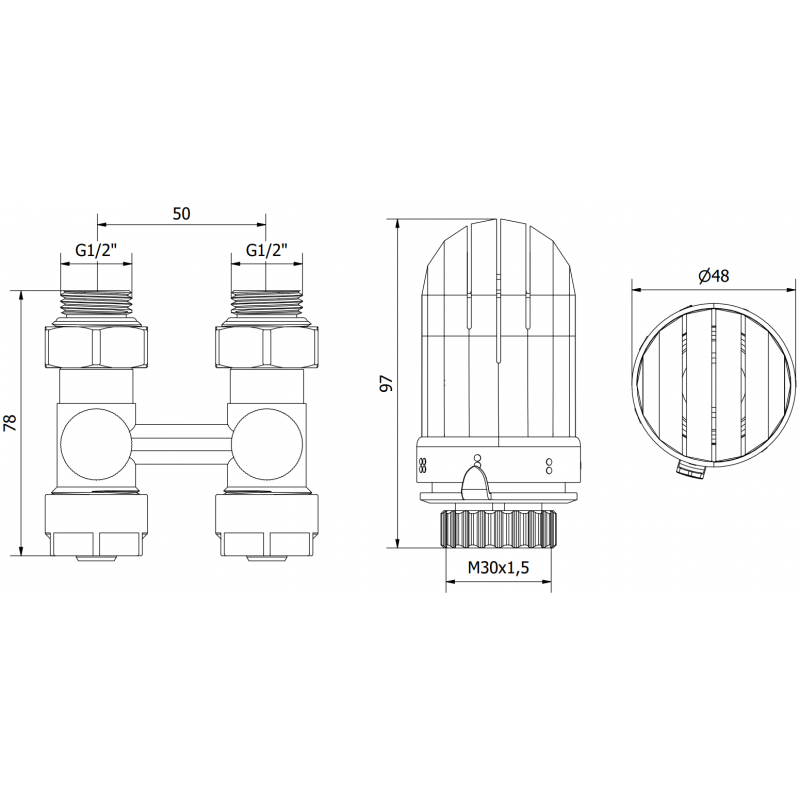 Mexen G03 ensemble thermostatique à deux tuyaux DN50, droit 1/2"x16 mm, nickel - W912-016-938-01