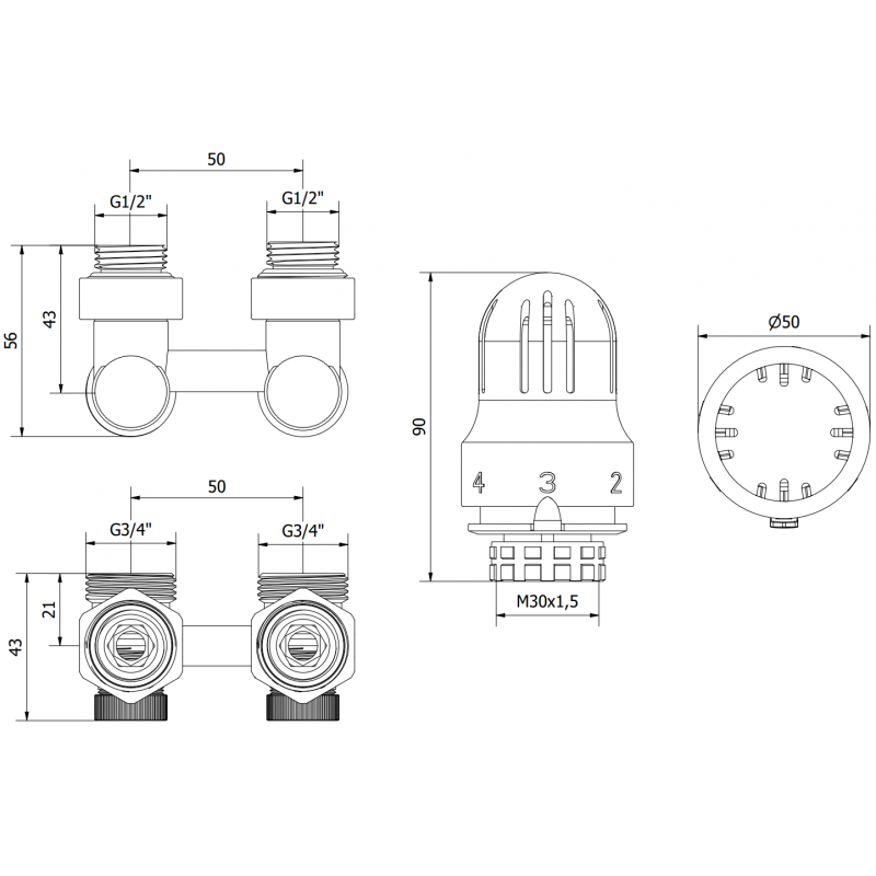 Mexen G04 ensemble thermostatique à deux tubes DN50, coudé 1/2"x3/4", nickel - W911-012-948-01