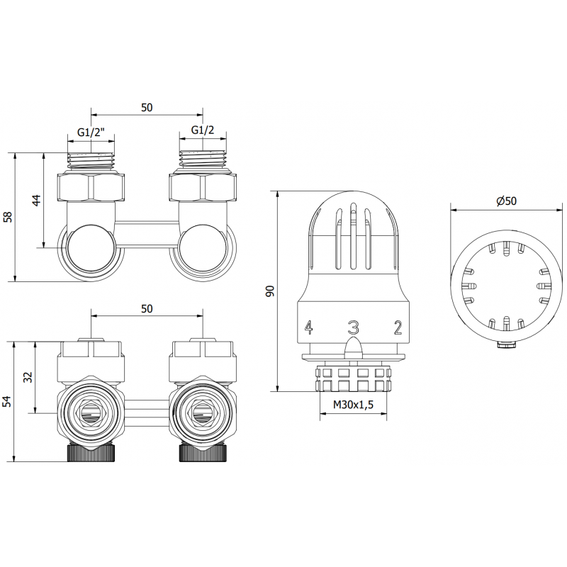 Mexen G04 ensemble thermostatique à double tuyau DN50, angle 1/2"x16 mm, nickel - W911-016-948-01
