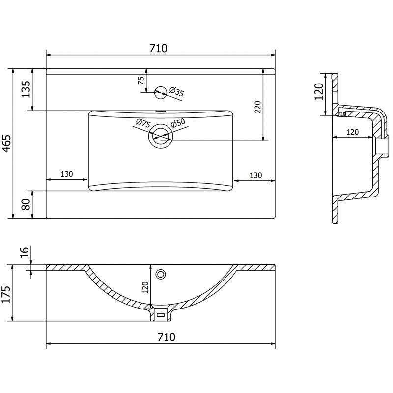 Mexen Atena lavabo encastré dans le plan de toilette 71 x 46 cm, blanc - 25017000