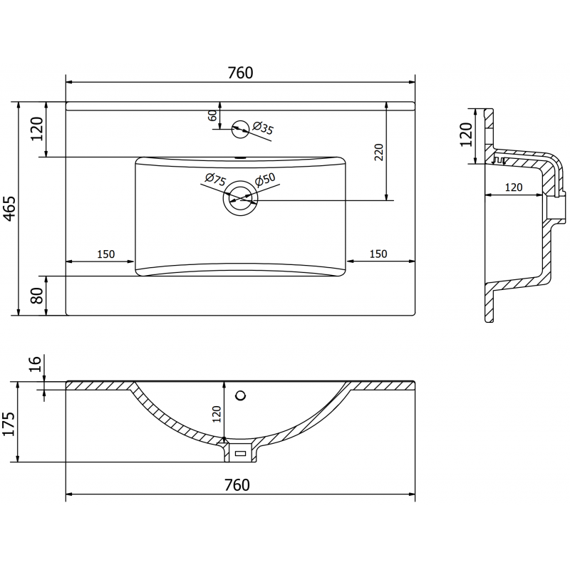 Mexen Atena lavabo encastré dans le plan 76 x 46 cm, blanc - 25017500