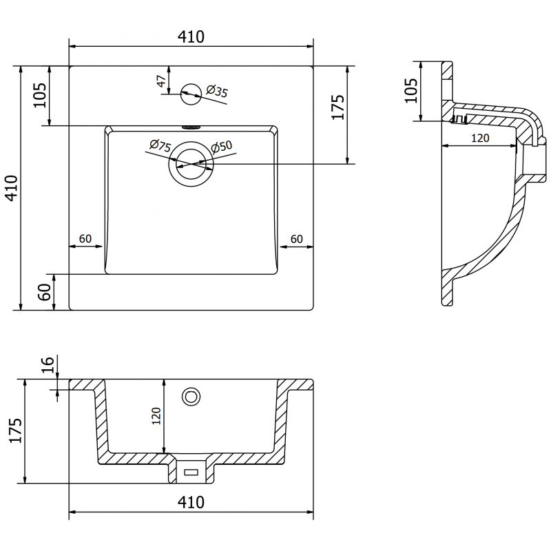 Mexen Atena lavabo encastré dans le plan 41 x 41 cm, noir mat - 25014170