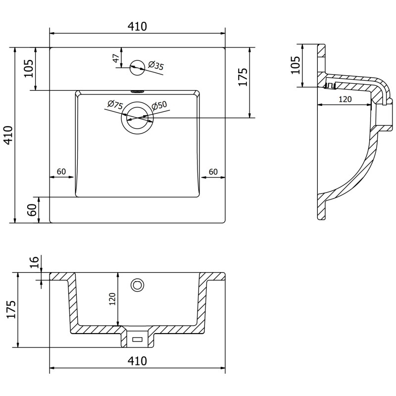 Mexen Atena lavabo encastré de 41 x 41 cm, noir mat - 25014170