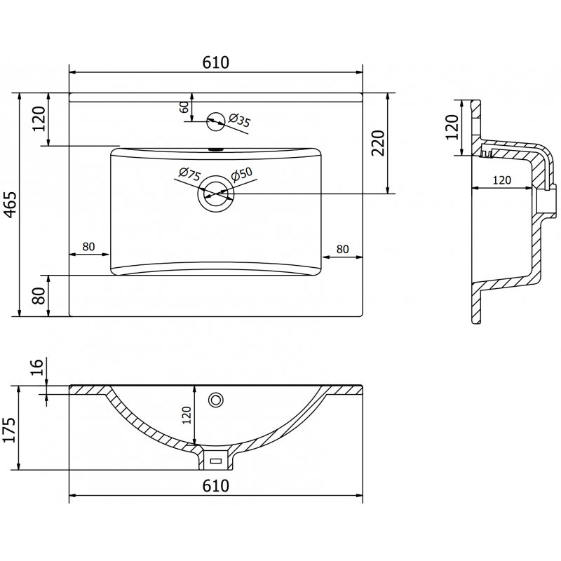 Mexen Atena lavabo encastré dans le plan 61 x 46 cm, noir mat - 25016070