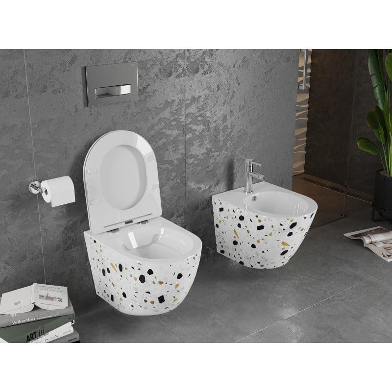 Mexen Lena cuvette WC sans bride avec abattant slim à descente progressive, duroplast, pierre blanche terrazzo - 30224096