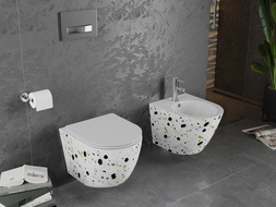 Mexen Lena cuvette WC sans bride avec abattant slim à descente progressive, duroplast, pierre blanche terrazzo - 30224096