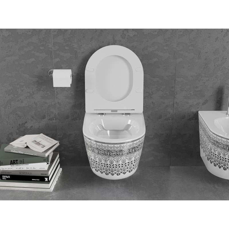 Mexen Lena cuvette WC sans rebord avec abattant à descente progressive slim, duroplast, blanc/noir motif - 30224095