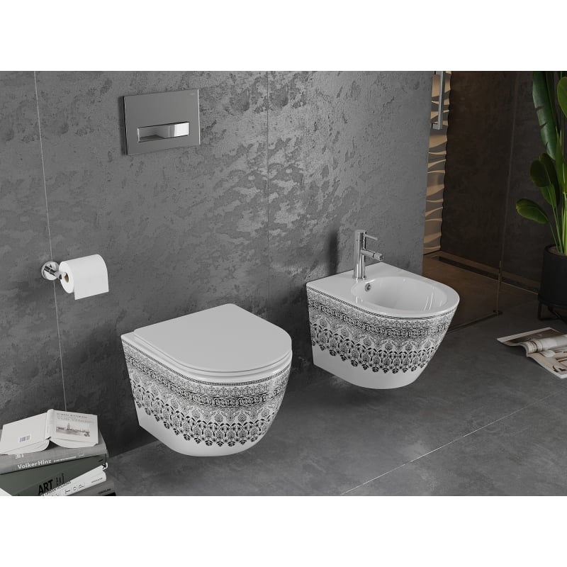 Mexen Lena cuvette WC sans rebord avec abattant à descente progressive slim, duroplast, blanc/noir motif - 30224095