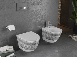 Mexen Lena cuvette WC sans rebord avec abattant slim à descente lente, duroplast, motif blanc/noir - 30224095