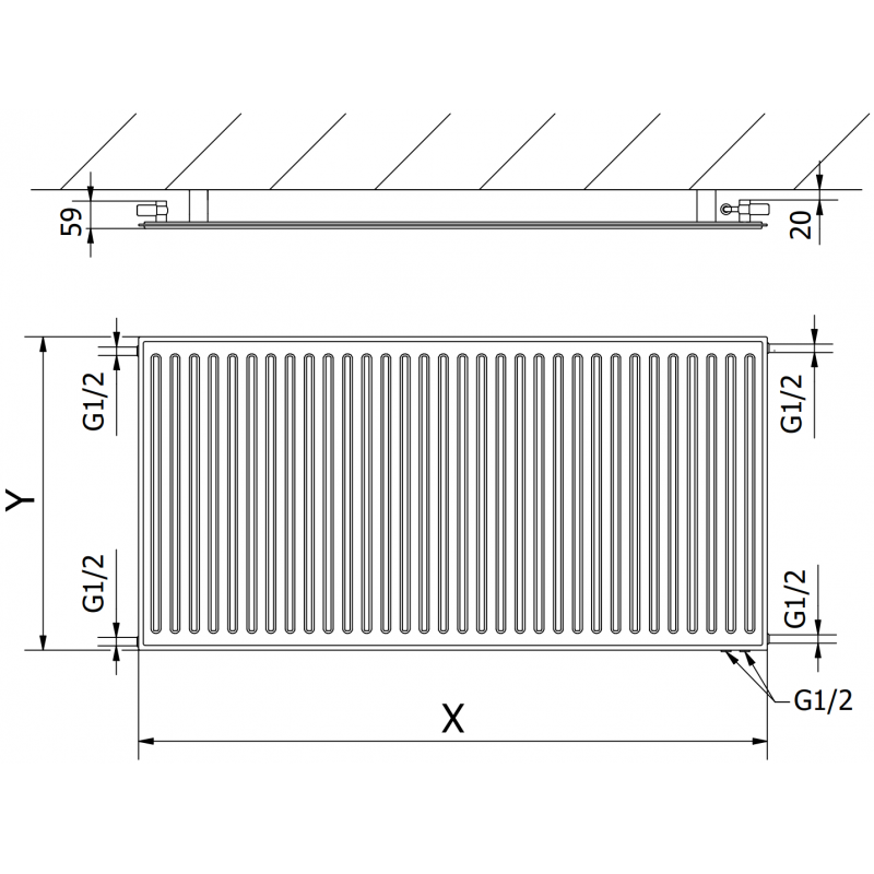 Mexen CVH10 Radiateur hygiénique à plaques 300 x 2800 mm, raccordement par le bas, 927 W, anthracite - W610H-030-280-66
