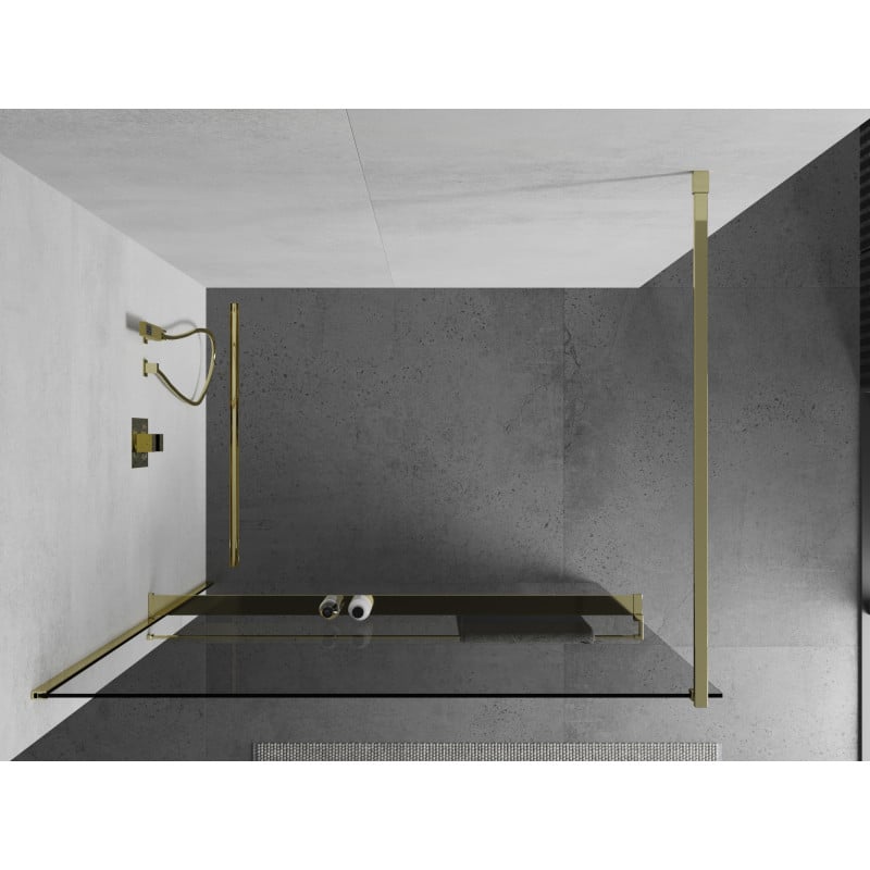 Mexen Kioto+ paroi de douche avec étagère Walk-in 115 x 200 cm, transparent, doré - 800-115-121-50-00