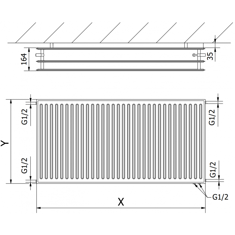 Mexen CVH30 Radiateur hygiénique à plaque 300 x 2200 mm, connexion inférieure, 1919 W, anthracite - W630H-030-220-66