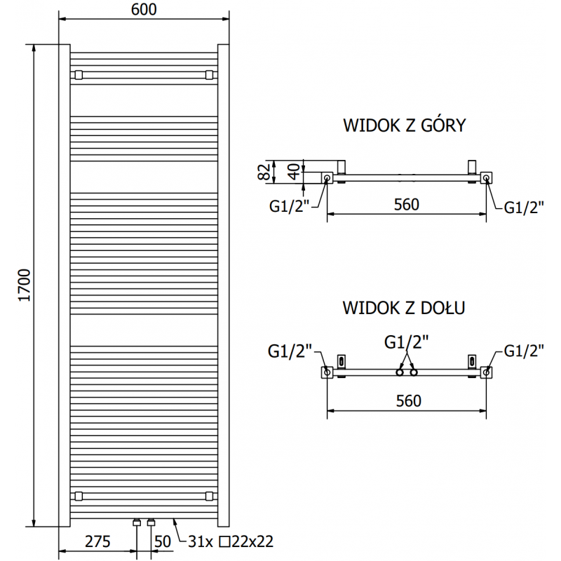 Mexen Pluton radiateur électrique 1700 x 600 mm, 900 W, noir - W106-1700-600-2900-70