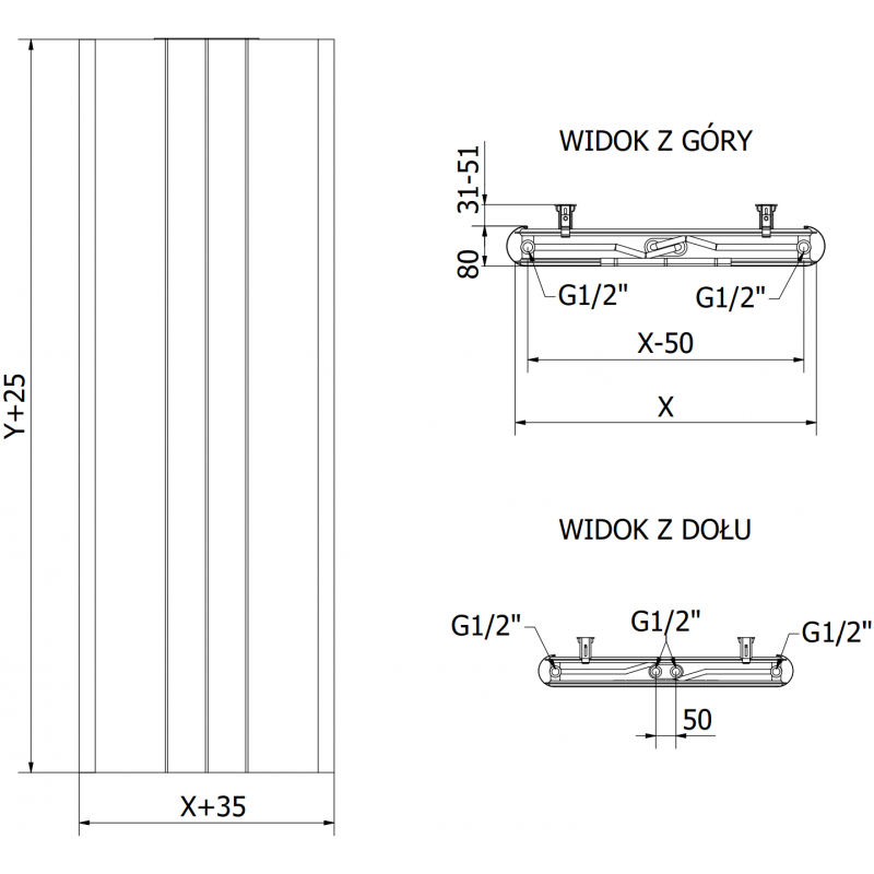 Mexen Line VR20SL radiateur à panneau 1800 x 500 mm, raccordement inférieur central, 1090 W, blanc - W6VR20SL-180-050-00