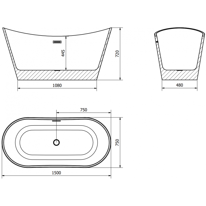 Mexen Montana baignoire autoportante 150 x 75 cm, blanc/noir, trop-plein doré - 52011507575-50