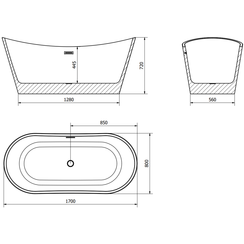 Mexen Montana baignoire autoportante 170 x 80 cm, noire, trop-plein chromé - 52011708070-01