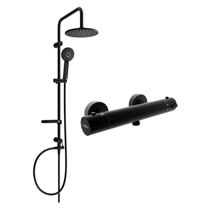 Ensemble de douche apparent Mexen Carl avec pomme de douche et mitigeur thermostatique Kai, noir - 77100240-70